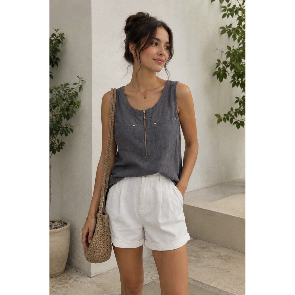 Ellen Tracy 100% Linen Top Size S Gray Gold Zip Tunic Tank